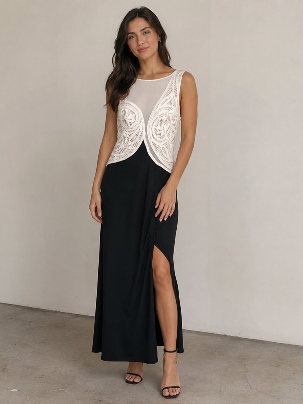Tadashi Shoji Crochet Mesh Illusion Slit Maxi Gown Formal Evening Dress Sz 10